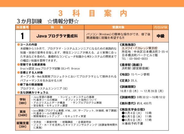 東京で職業訓練 Java プログラミング科 ハローワークで職業訓練 ハロートレーニング と専門スクール 未経験からの転職