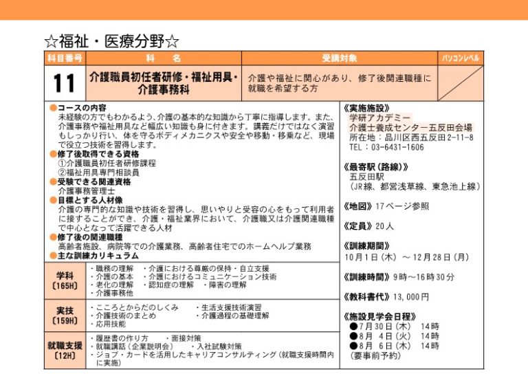 東京で介護研修 介護職員初任者研修科の資格取得 転職に役立つおすすめ 職業訓練 ハロートレーニングと求職者支援